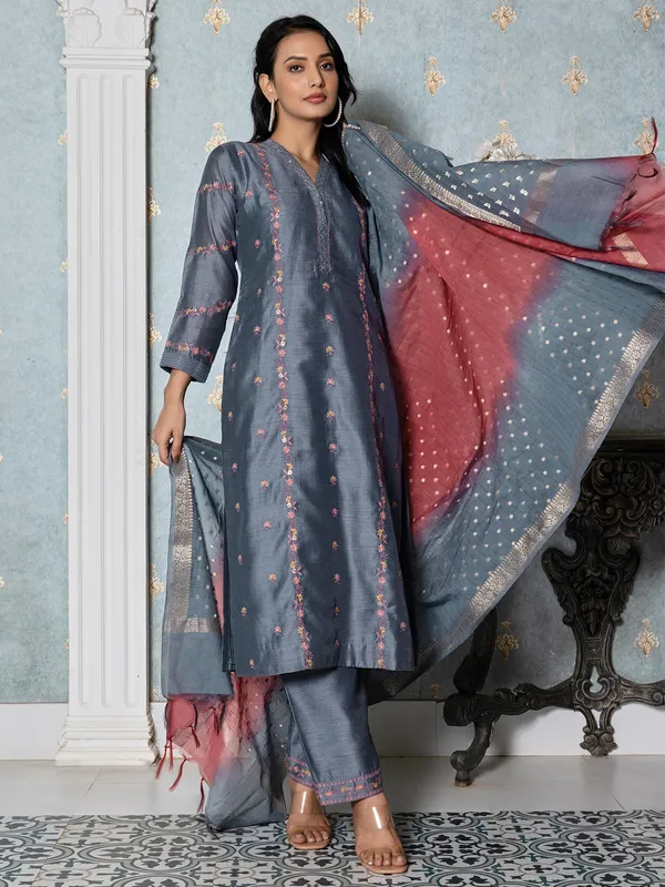 Stunning silk grey salwar suit suit