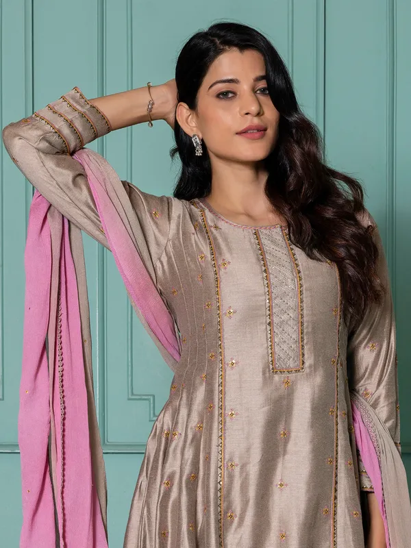 Trendy beige silk salwar suit for festive