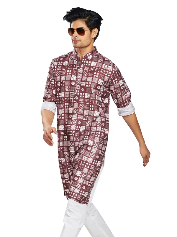 Trendy wine cotton printed  Men Kurta pajama