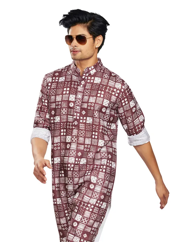 Trendy wine cotton printed  Men Kurta pajama