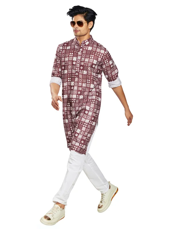 Trendy wine cotton printed  Men Kurta pajama