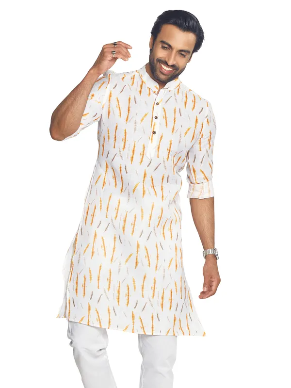 White and orange printed cotton  Men Kurta pajama