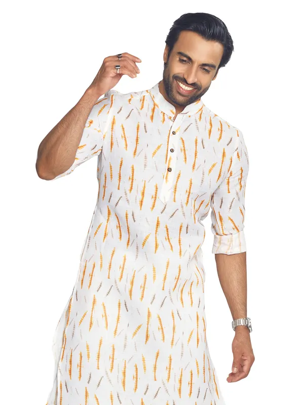 White and orange printed cotton  Men Kurta pajama