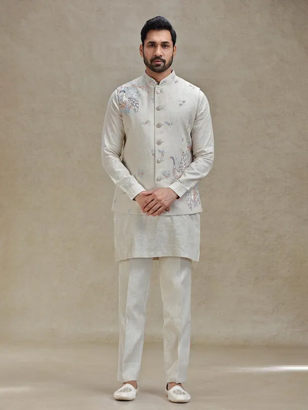 Natural beige linen kurta jacket set in embroidery