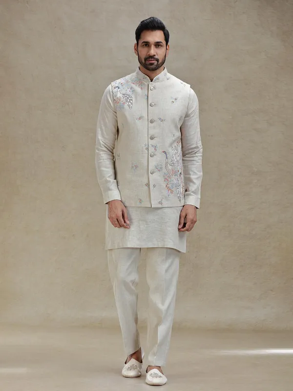 Natural beige linen kurta jacket set in embroidery
