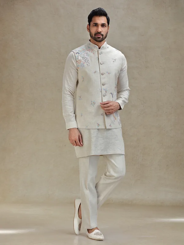 Natural beige linen kurta jacket set in embroidery
