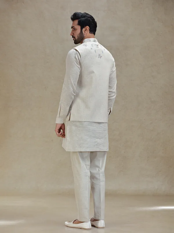 Natural beige linen kurta jacket set in embroidery