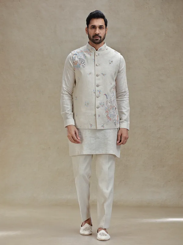 Natural beige linen kurta jacket set in embroidery