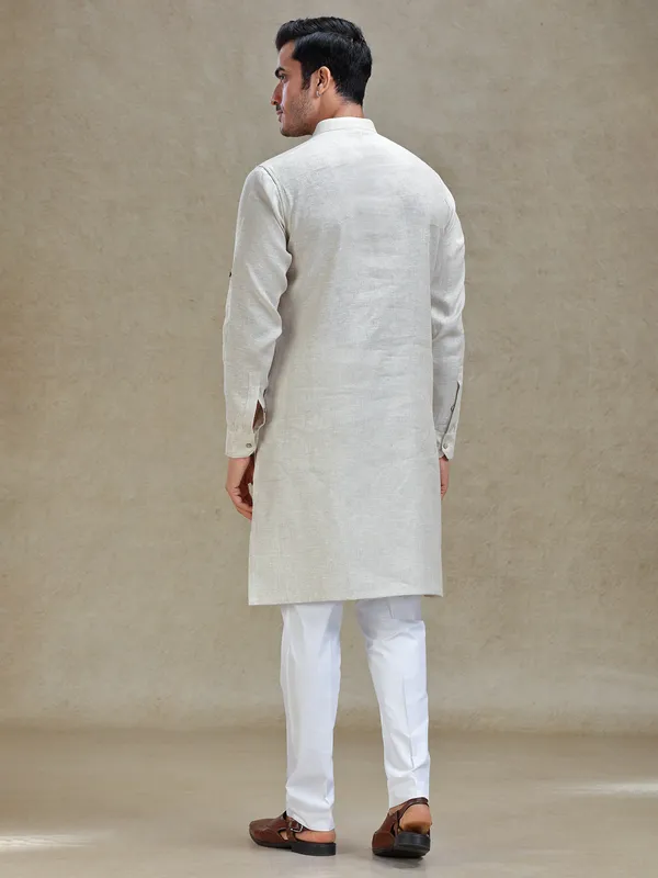 Natural beige linen kurta suit for festive