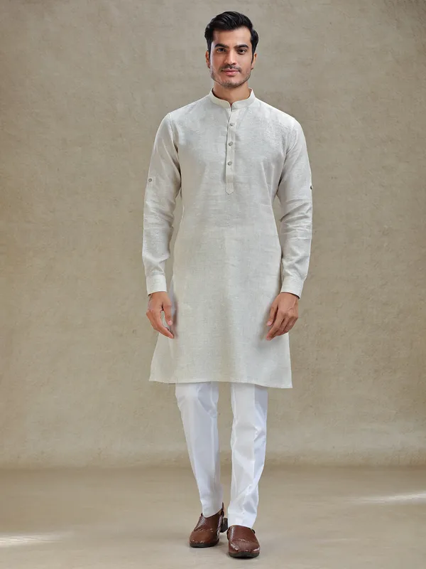 Natural beige linen kurta suit for festive