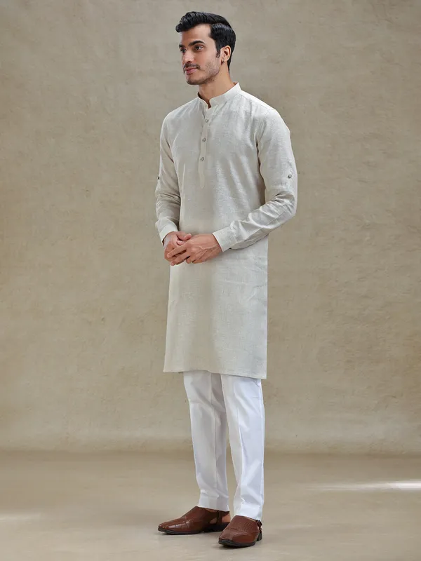 Natural beige linen kurta suit for festive