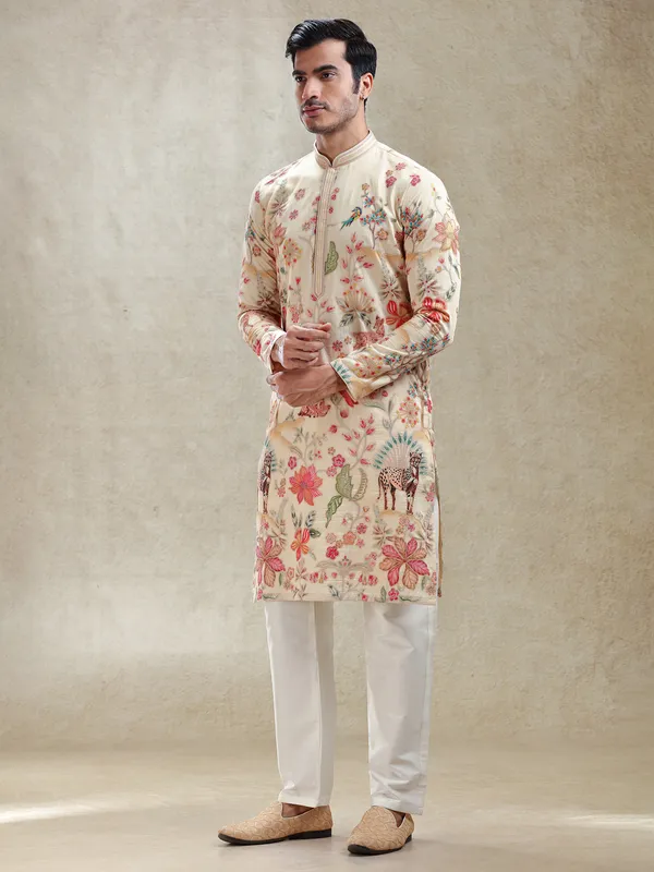 Natural beige printed cotton silk kurta suit