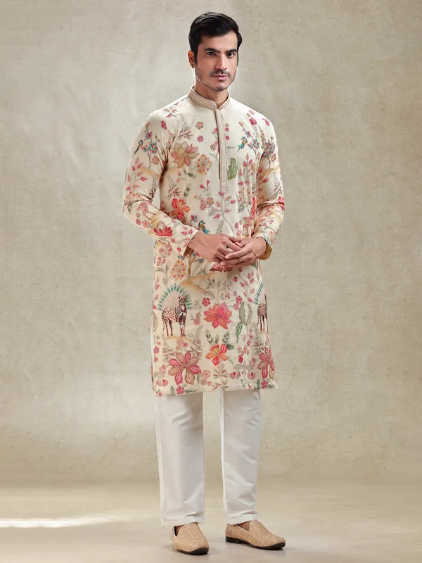 Natural beige printed cotton silk kurta suit