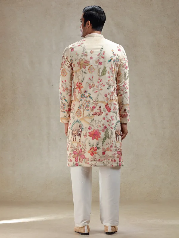 Natural beige printed cotton silk kurta suit