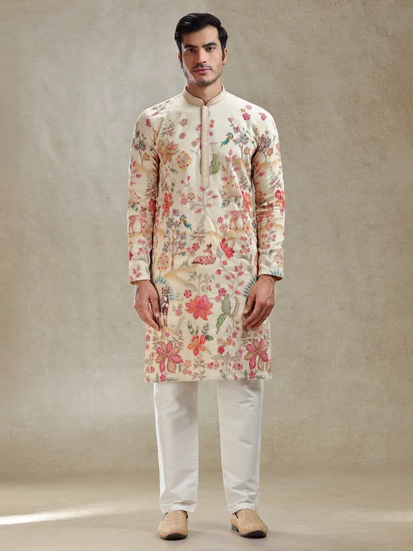 Natural beige printed cotton silk kurta suit