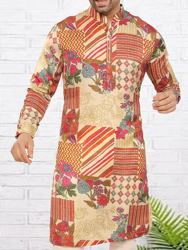 Natural beige printed trendy silk kurta