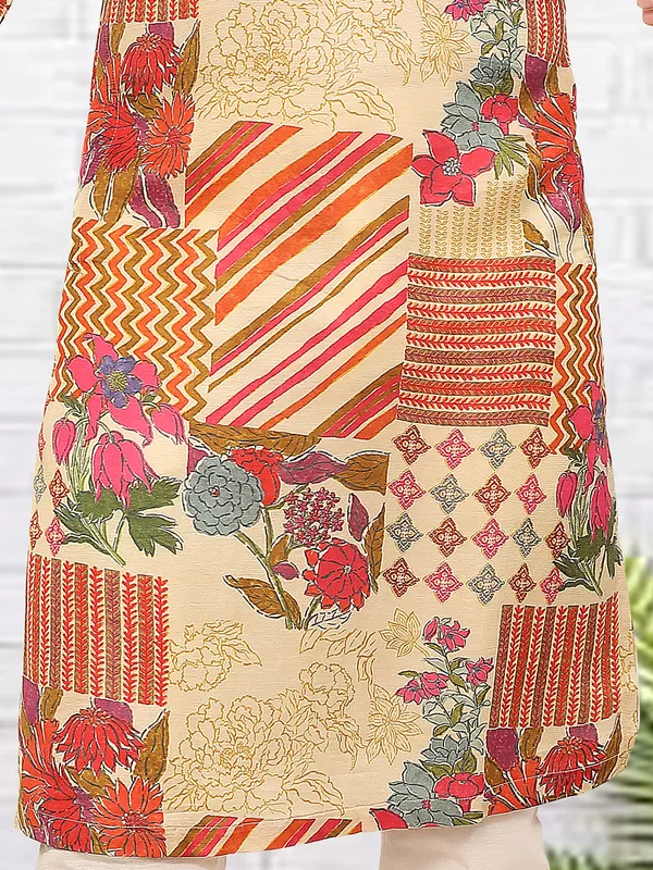 Natural beige printed trendy silk kurta