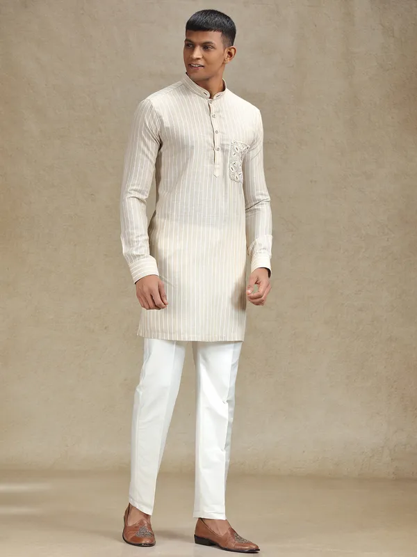 Natural beige serene kurta set in embroidery