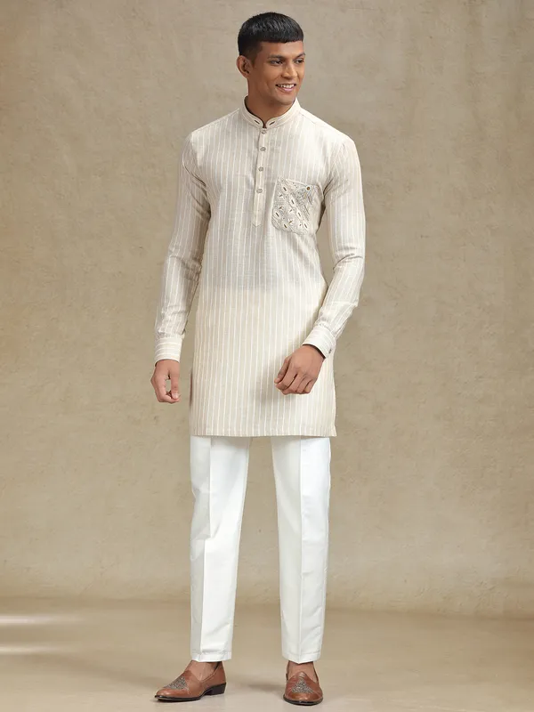 Natural beige serene kurta set in embroidery