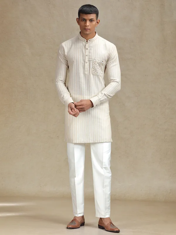 Natural beige serene kurta set in embroidery