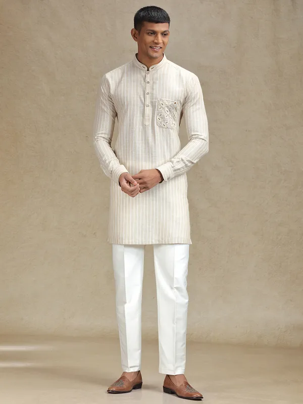 Natural beige serene kurta set in embroidery