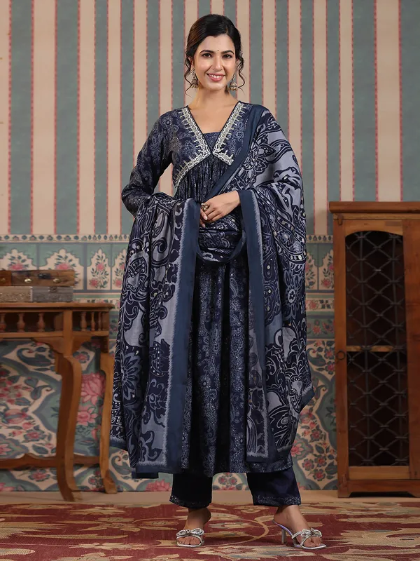 Navy alia cut printed kurti set