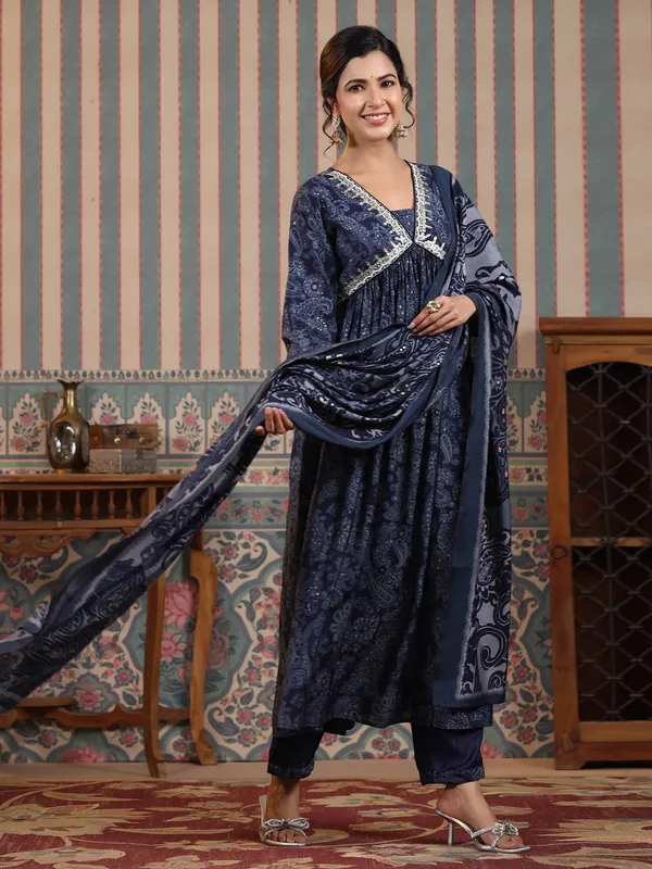 Navy alia cut printed kurti set