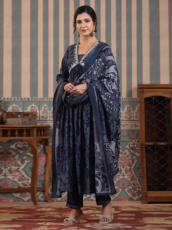 Navy alia cut printed kurti set