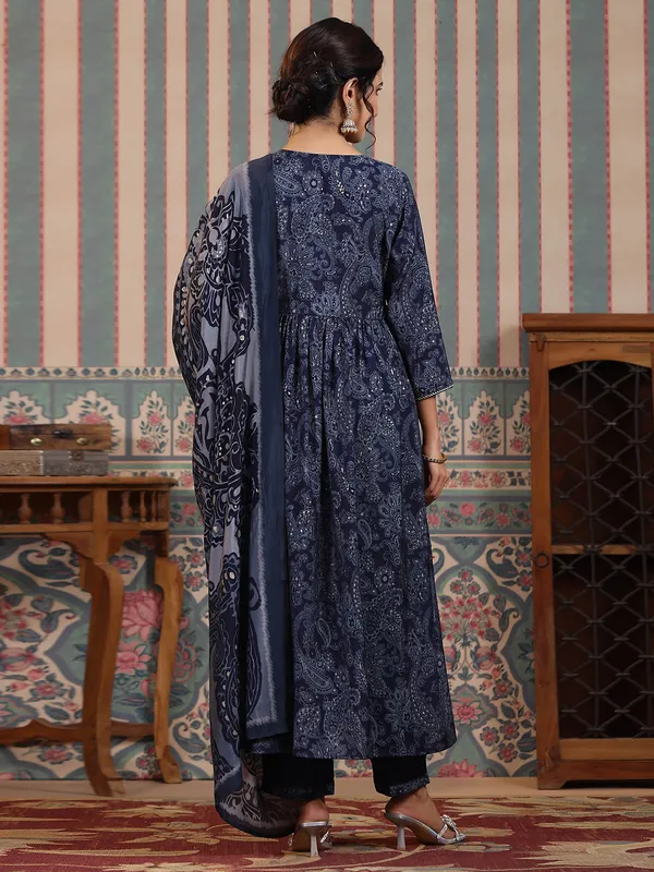 Navy alia cut printed kurti set