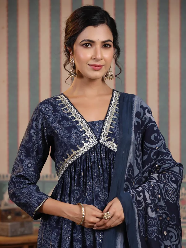 Navy alia cut printed kurti set