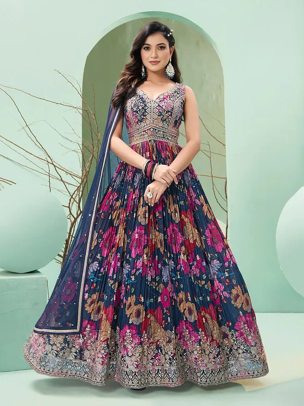 Navy anarkali suit with dupatta for wedding