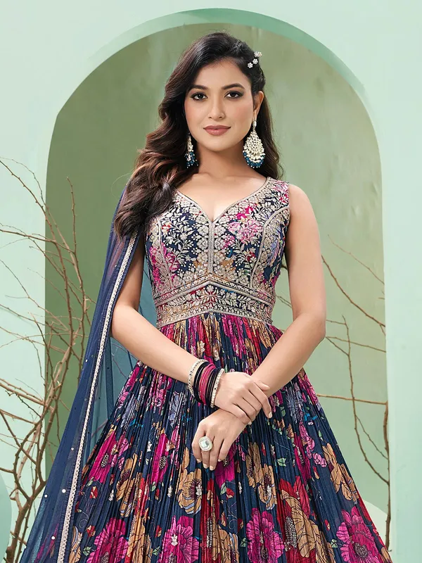 Navy anarkali suit with dupatta for wedding