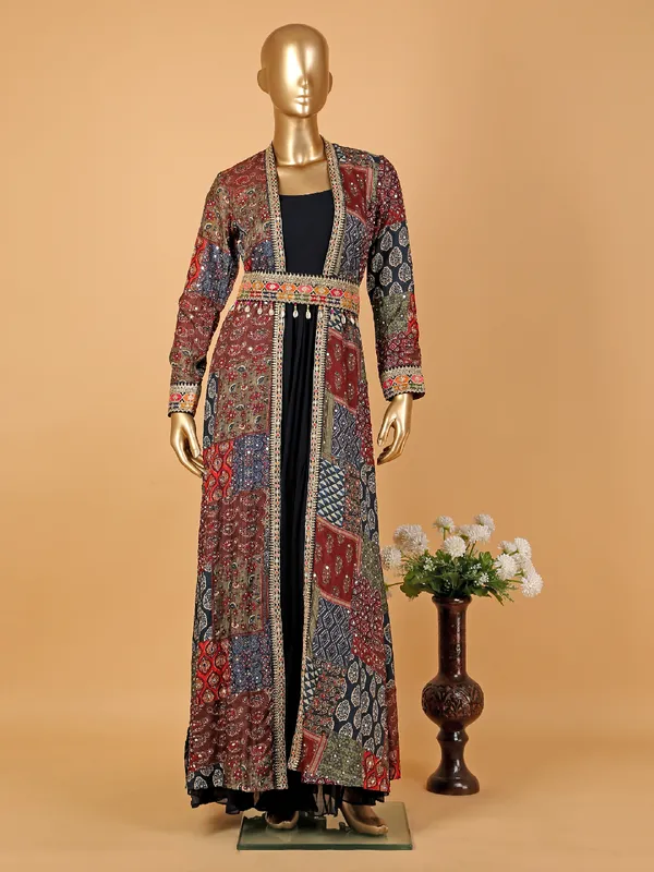 Navy anarkali suit with printed shrug