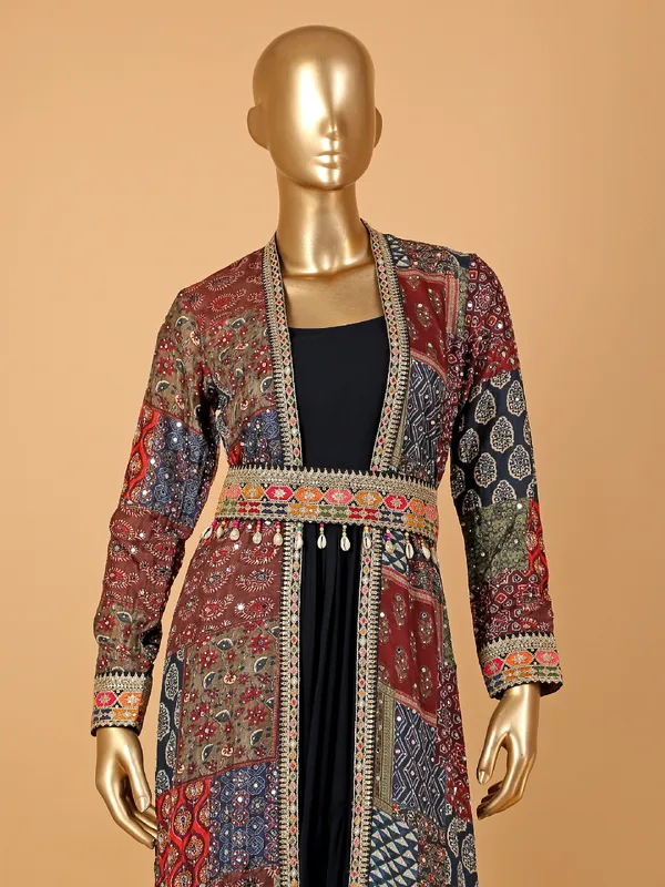 Navy anarkali suit with printed shrug