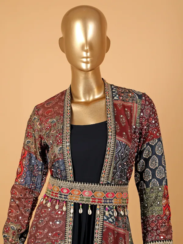 Navy anarkali suit with printed shrug