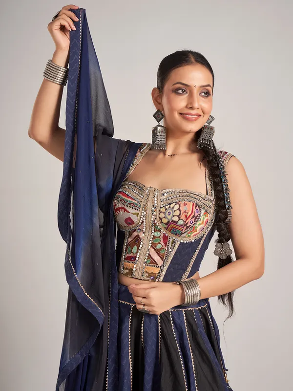 Navy and black silk chaniya choli with mirror work