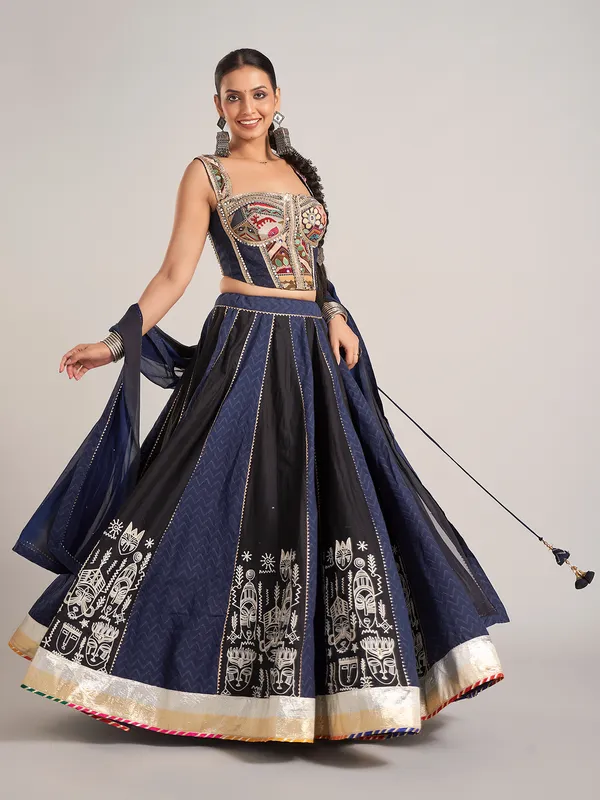 Navy and black silk chaniya choli with mirror work