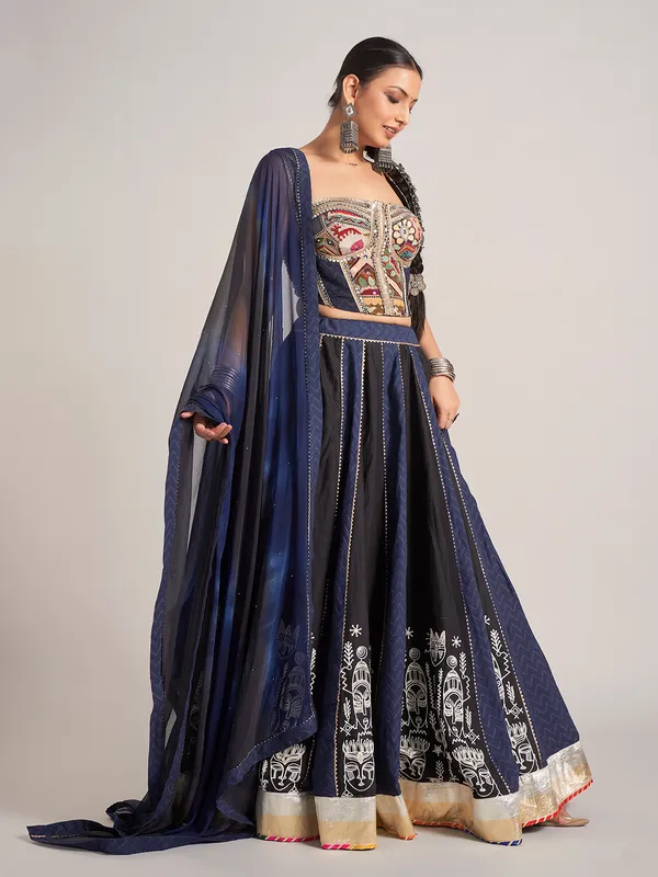 Navy and black silk chaniya choli with mirror work