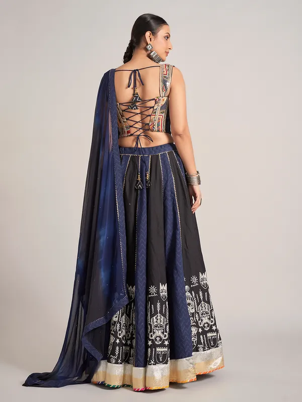 Navy and black silk chaniya choli with mirror work