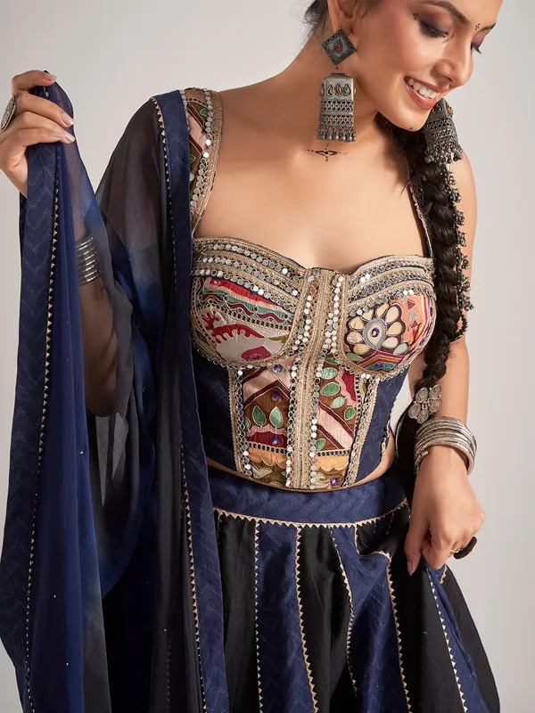 Navy and black silk chaniya choli with mirror work