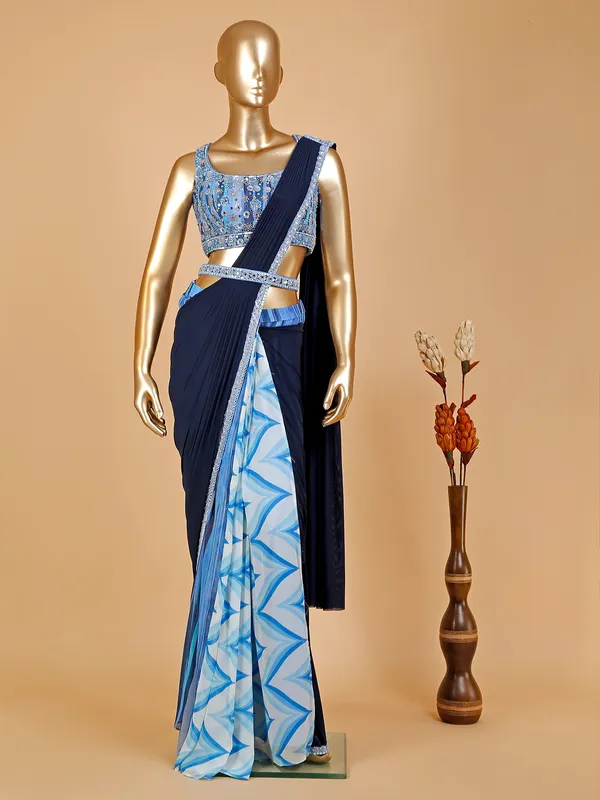 Navy and blue printed ready to wear saree