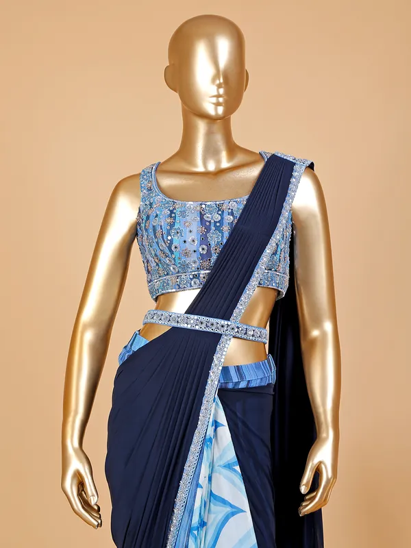 Navy and blue printed ready to wear saree