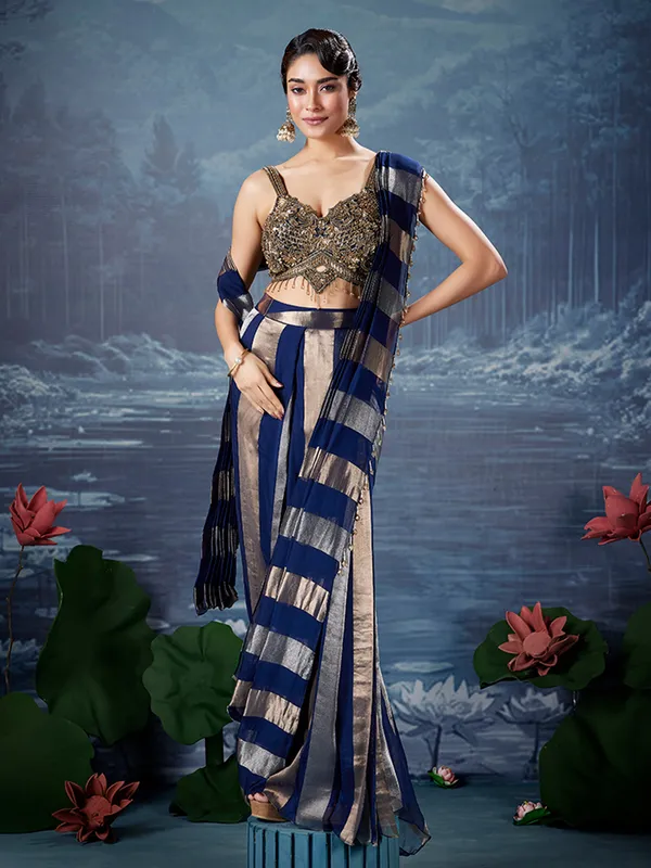 Navy and gold silk saree for festive celebration