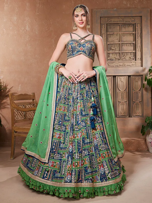 Navy and green georgette printed lehenga choli