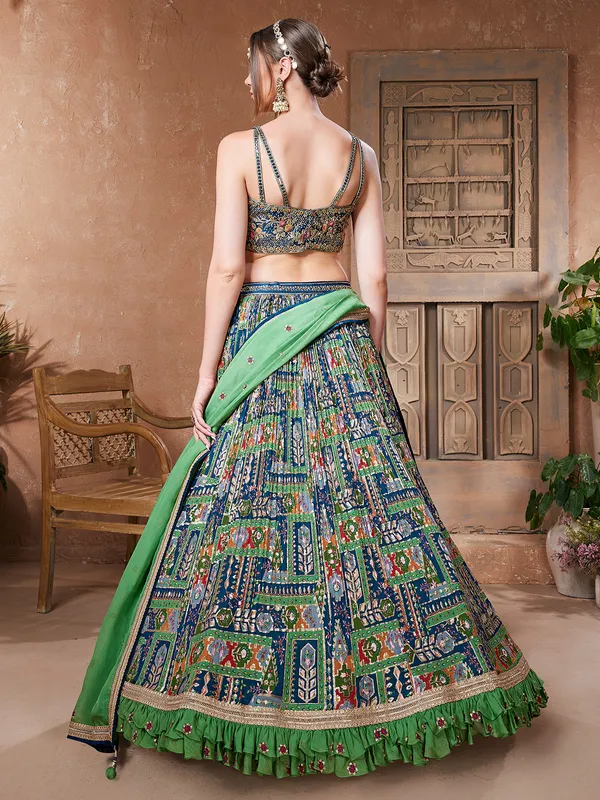 Navy and green georgette printed lehenga choli