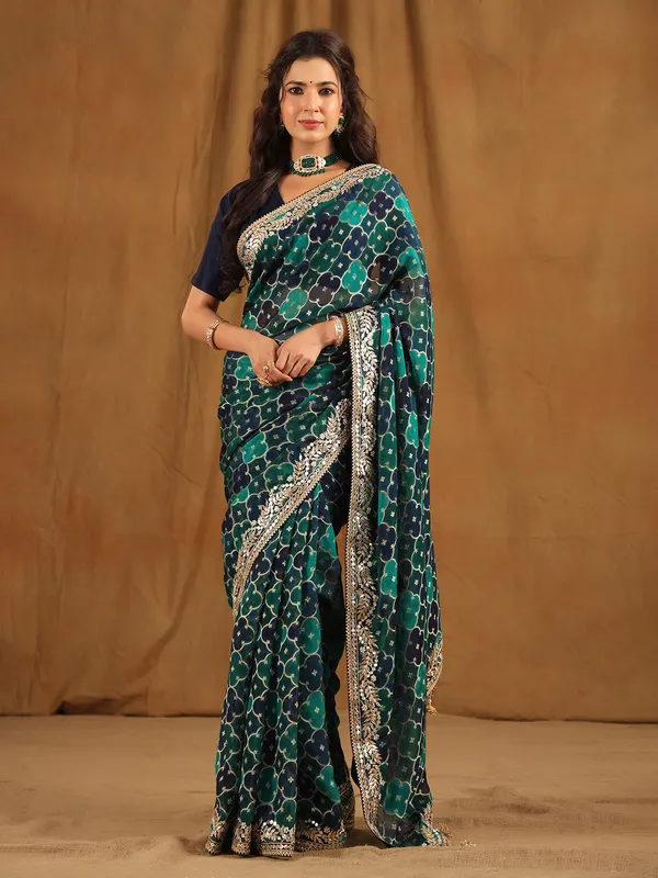 Navy and green georgette saree