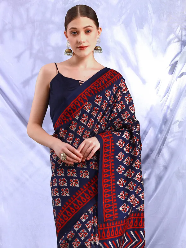 Navy and red bhagalpuri silk saree with prints