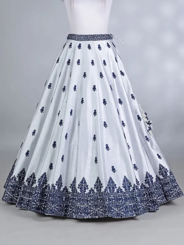 Navy and silver raw silk lehenga choli with net dupatta