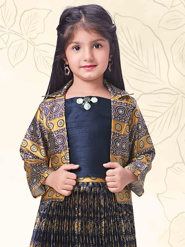 Navy and yellow prinyed lehenga choli