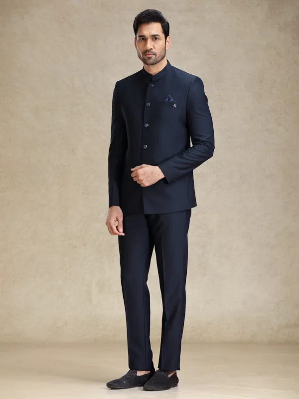 Navy bandh gala style terry rayon jacket suit